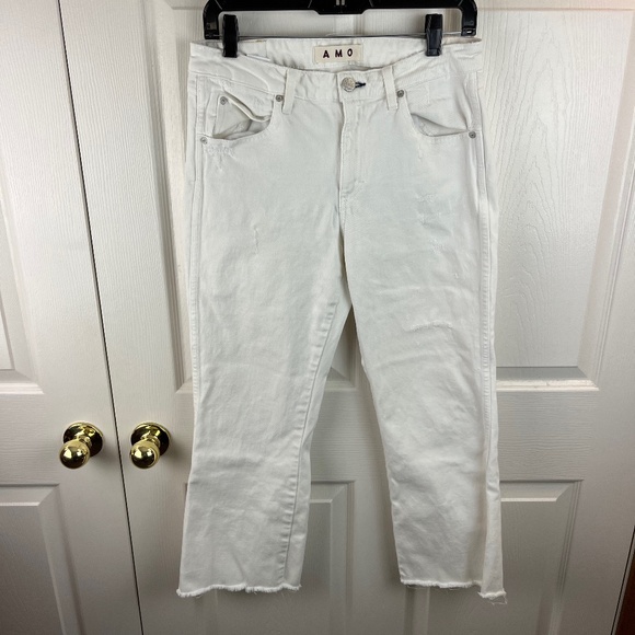 AMO Kick Crop Distressed Raw Hem Jeans White Size 30 - Picture 1 of 4